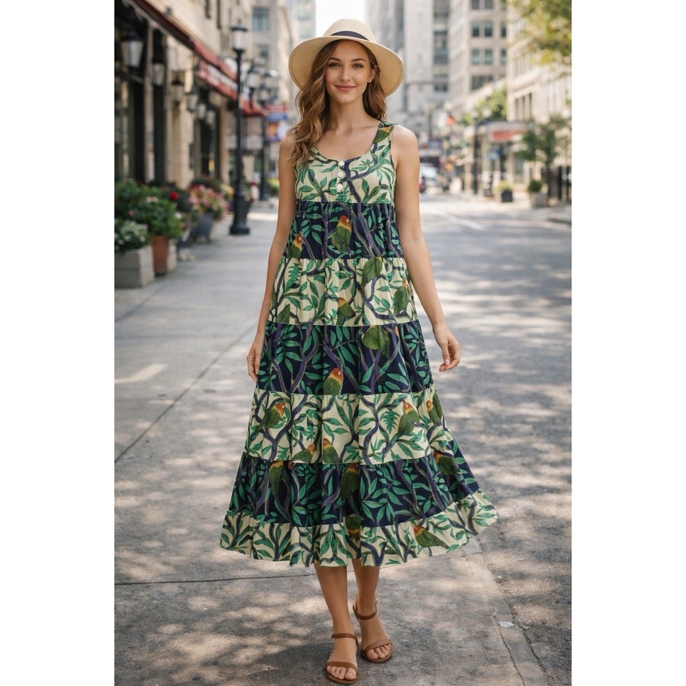 Erika Taylor Sport Tropical Bird Print Dress Small 100% Cotton Tiered Midi Boho